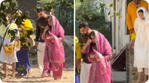 Virat Kohli and Anushka Sharma sitting with devotees in Vrindavan during Akshaya Tritiya