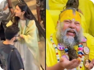 Virat Kohli and Anushka Sharma sitting with devotees in Vrindavan during Akshaya Tritiya